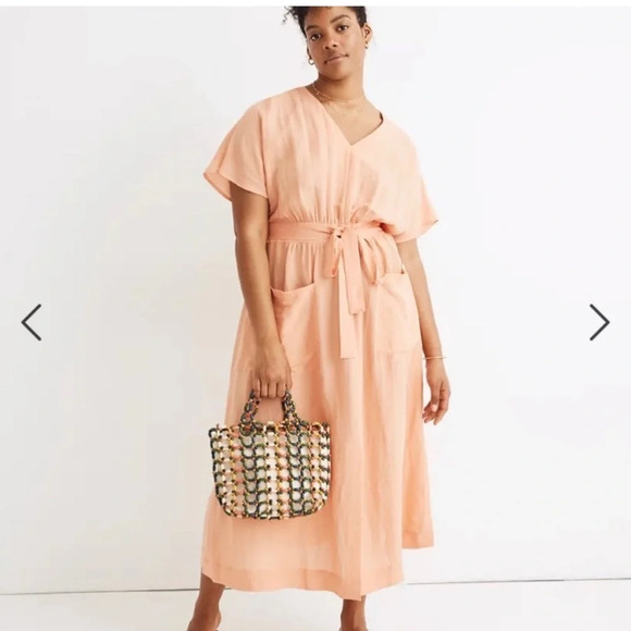 Madewell Linen Blend Dolman Sleeve Tie-waist midi dress Peach Orange Sz 20 - Picture 2 of 5